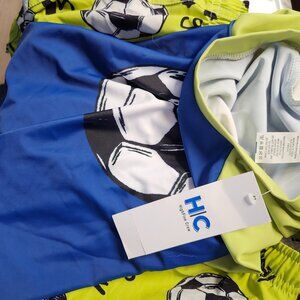 Boys swim shorts and rash guard soccer print